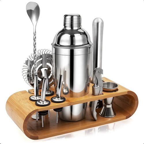 Kit Homebar 12 Peças Inox Suporte Madeira Coqueteleira 550ml
