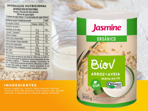Leite Vegetal Pó Arroz Aveia Biov Sem Lactose Jasmine 300g