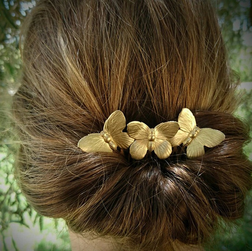 Imagen 2 de 10 de Diadema Peineta Tiara Griega Mariposa Dorada Boda Fiesta
