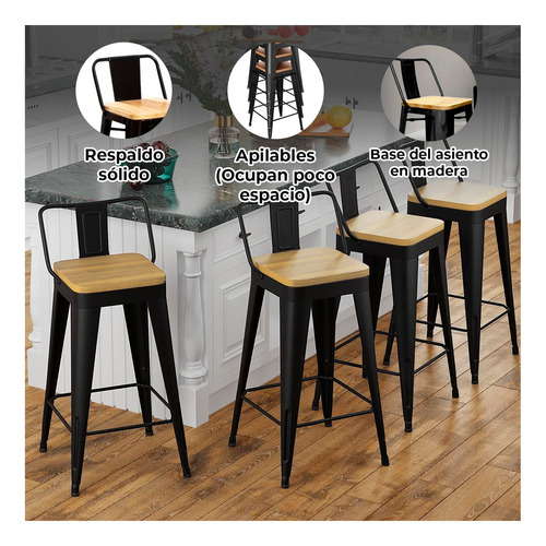 Pack 4 Taburete Metálico Con Asiento De Madera Ideal Para Ba