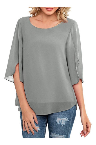 Blusa De Gasa Con Cuello Redondo Y Manga 3/4 For Mujer