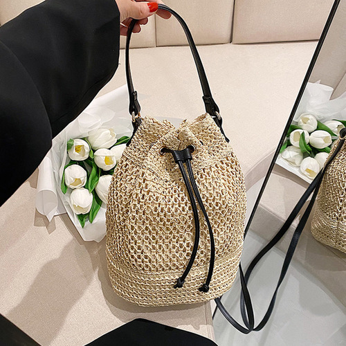 Bolso Tipo Bombonera De Paja De Verano Con Cordón A La Moda,