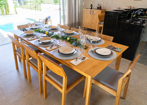 Conjunto Mesa De Jantar E 6 Cadeiras Less Em Madeira Amêndoa