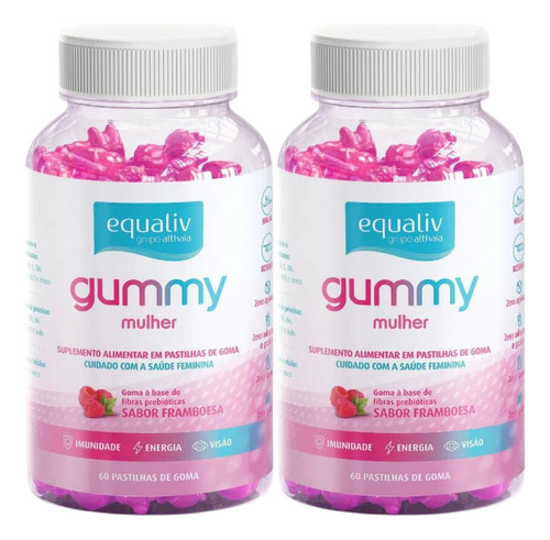 2x Super Gummy Equaliv Mulher Imunidade Energia Visão Sabor Framboesa