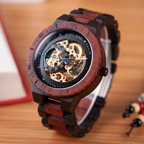 Reloj Bobo Bird De Madera Sándalo Rojo Mecánico