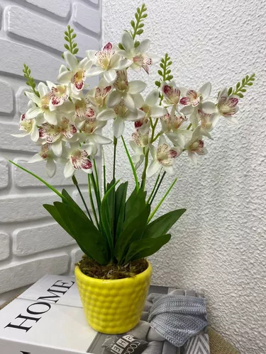 Arranjo Artificiais Orquídea Vaso Amarela Cerâmica