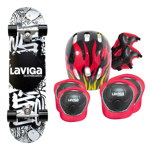 Patineta Tabla Juvenil Skateboard + Casco Y Protecciones Ruedas Grafiti Fuego