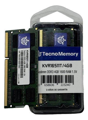 Memoria Ram Tecnomemory Sodimm Ddr3 4gb 1600 Kvr16s11t/4gb