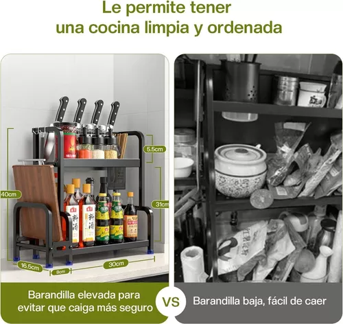 Estante de almacenamiento de condimentos de cocina, organizador de estante  de 2 niveles con estante de almacenamiento de palillos para cubiertos