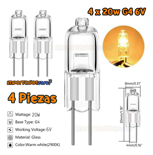 4 X Bombillo Bulbo Halogeno Lampara G4 6v 20w Bipin 2900k