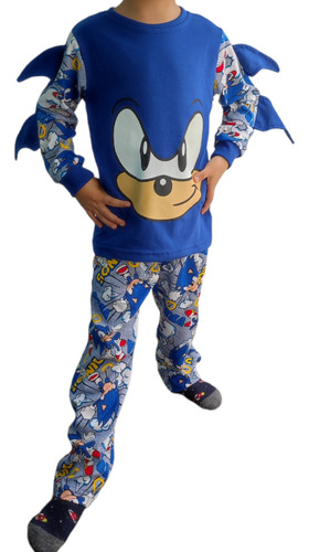 Pijama Sonic Infantil Playera Manga Larga Y Pantalón 