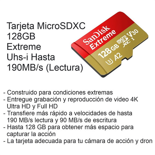 Imagen 2 de 5 de Tarjeta Micro Sdxc 128gb Sandisk Extreme 4k, U3, A2, 190mb/s
