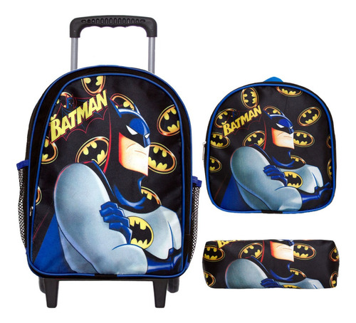 Kit Mochila Escolar Juvenil Rodinha Batman Lancheira Estojo