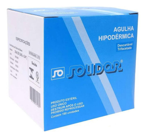 Agulha Hipodermica Esteril 25x0,60 Cx 100 Und