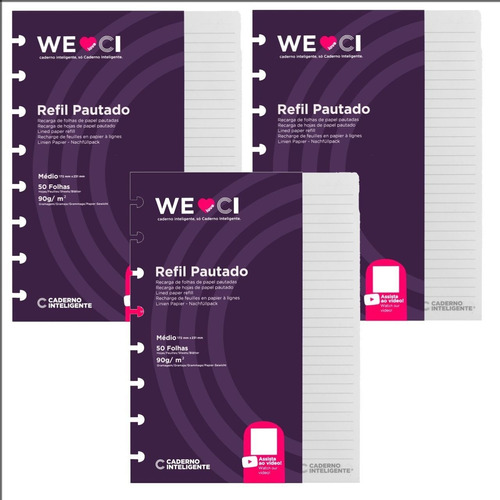 3x Caderno Inteligente Refil Médio Pautado 90g- 50 Fls