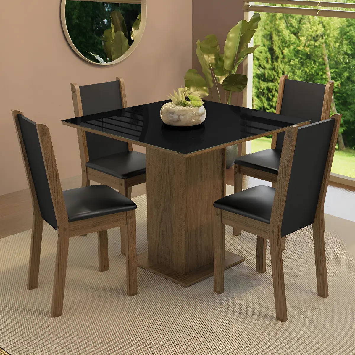 Sala De Jantar Mesa Tampo De Vidro 4 Cadeiras Tifani Madesa Cor Rustic/Preto XMMDJA040165
