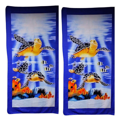 Toalla Para Playa 70x140 Cm Estampada Secado Rapido 2 Pzs Azul Tortuga 2