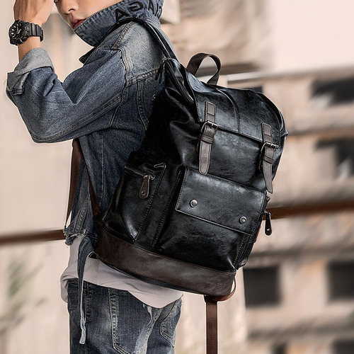C Mochila De Viaje Multifunción De Piel Suave Para Hombre