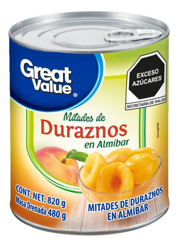 4 Pza Duraznos Great Value Mitades En Almíbar 820 G