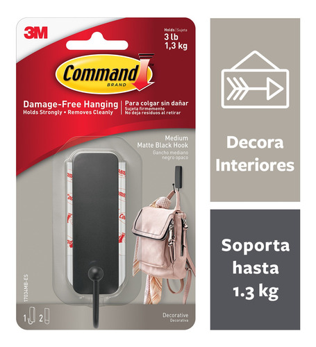 Gancho 3m Command Mediano Negro Opaco