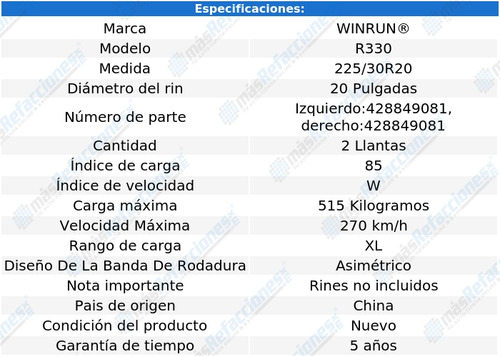 Paquete De 2 Llantas 225/30r20 85w Xl Winrun R330