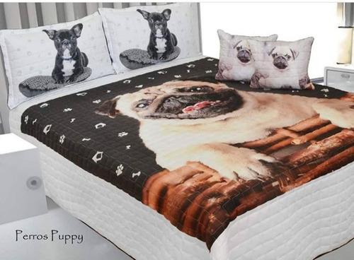 Cubrelecho Perros Edredón Pug Cama Sencilla Y Semi Doble