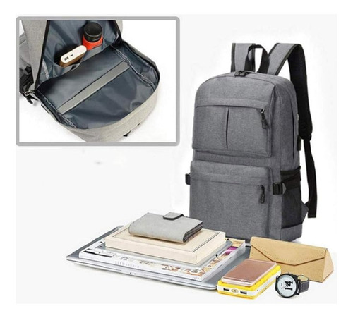 Mochila Porta Notebook Reforzada Urbana Usb Unisex Premium Color Gris Diseño de la tela Jaspeado