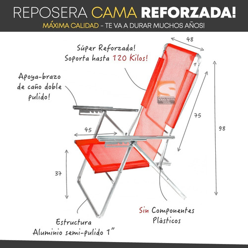 Imagen 4 de 10 de Reposera Cama Aluminio Alta Reforzada 120 Kilos Alumel 270