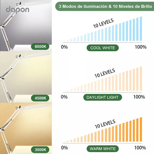 Dapon Lámpara De Escritorio Mesa Con Brazo Led 10 Modos 360° Oficina