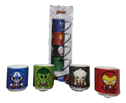Juego De 4 Tazas Diseño Avengers Marvel Apilables Porcelana