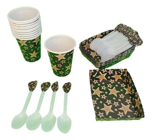 Kit Vasos+bandejas+cubiertos Estrellas Doradas F/n 24inv.