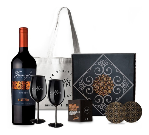 Estuche Famiglia Bianchi Malbec + 2 Copas Negras Con Grabado