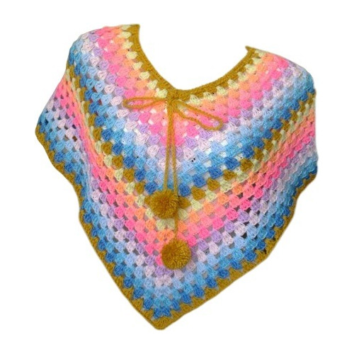 Poncho Tejido Mano Crochet Lana Niña 5-7 Años Multicolor