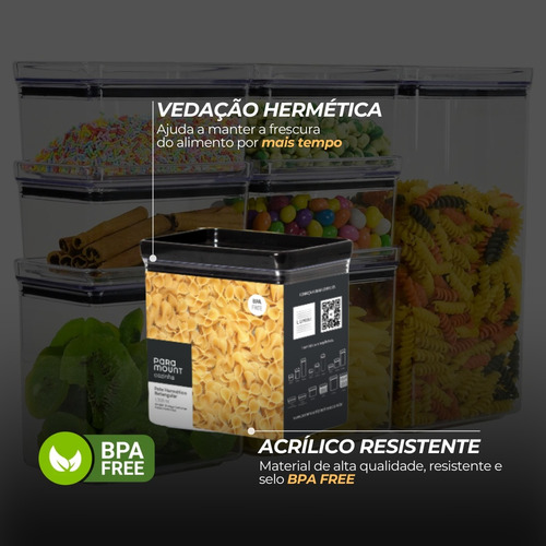 Conjunto 12 Potes Mantimentos Herméticos Quadrado Com Tampa