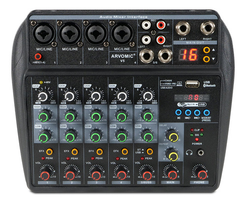 Mezclador 6 canales 16 Dsp Mezcladora de Sonido con 4 Entradas Mono Consola USB y Bluetooth Mixer Audio Alimentación Phantom de +48V Livehouse Karaoke