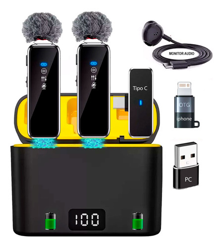 Micrófono De Solapa Inalámbrico Profesional Para Celular Tipo C - Y Adaptador para iPhone y PC con Monitor de Audio y Filtros Antipop