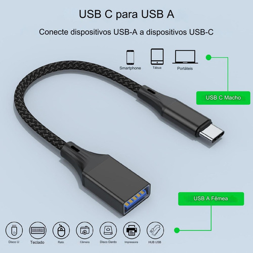2 Cabo Adaptador Usb-c 3.0 P/ Usb 3.0 Otg Conector Pendrive