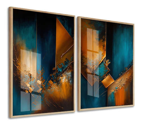 Quadros Decorativo Abstrato Azul Tons Quente Cobre Com Vidro