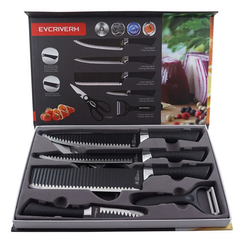 Juego Set De Cuchillos Cocina Profesional Acero Carbono 7 Pz Color Negro