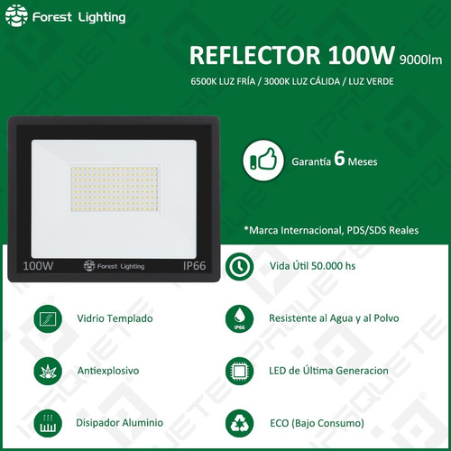 Imagen 3 de 7 de Reflector Led 100w Exterior Proyector Luz Fría Cálida Verde