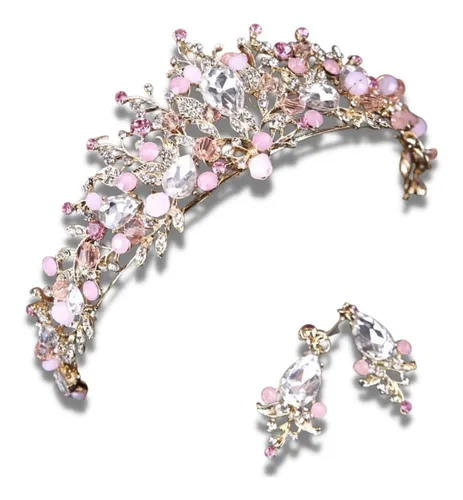 comprar Tocado Tiara Corona Dorado Con Rosa Set Novia Y Xv Años