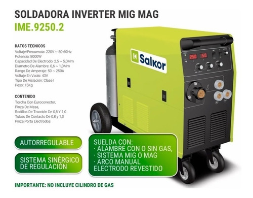 Soldadora Mig Mma 250 Amp Monofásica 220v Ime.9250.2 Salkor Color Verde Frecuencia 50