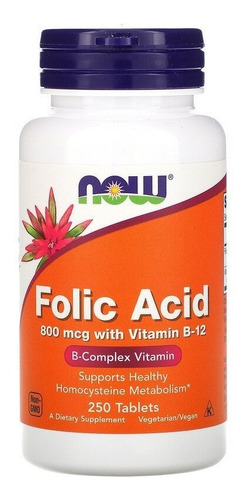 2x Acido Fólico Com Vitamina B12 Now Foods 250 Tabletes