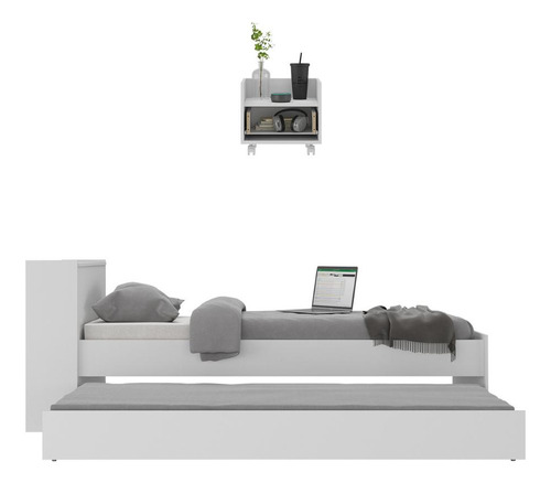 Conjunto Quarto Bicama com Colchão e Baú/Mesa de Cabeceira Multimóveis MP4223 Cor Branco