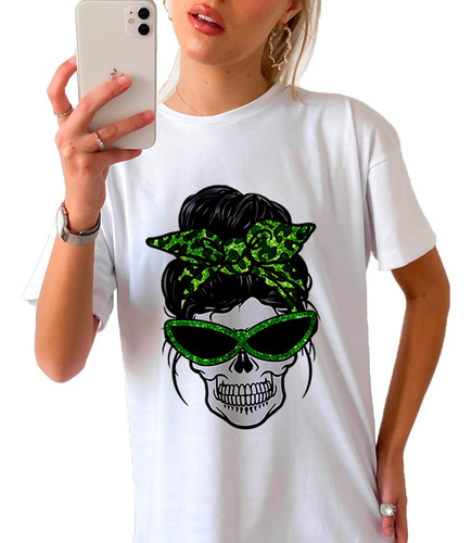 Remera Dama Mujer Moda Femenina Cara Calavera Moño Mom #05