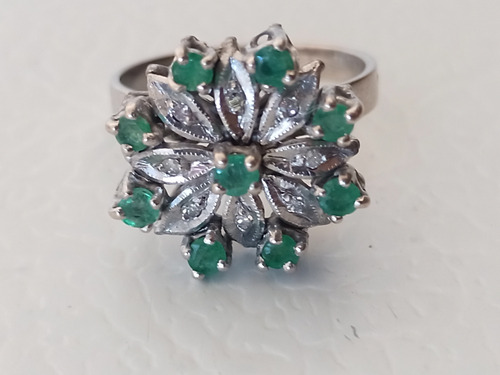 Anillo Plata Paladio 9 Esmeraldas Y Diamantitos Naturales Plateado (Usado)