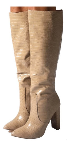 Botas Americanas Nude Camel Natural Tacon Cuadrado Rodilla