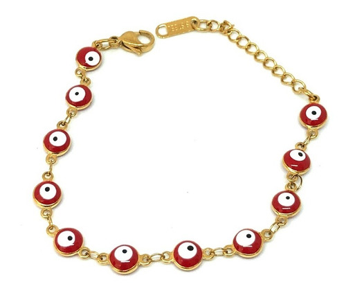 Pulsera Ojito Turco 6mm Rojo Acero Inoxidable Dorado