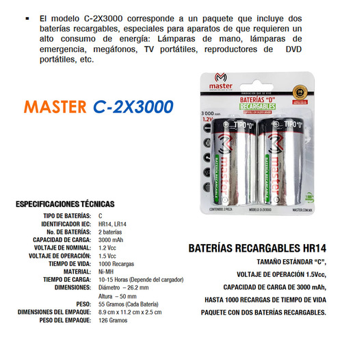 Pilas Tipo C Recargables Ni-mh 1.2v C-2x3000 Hr14 Lr14 Tamañ