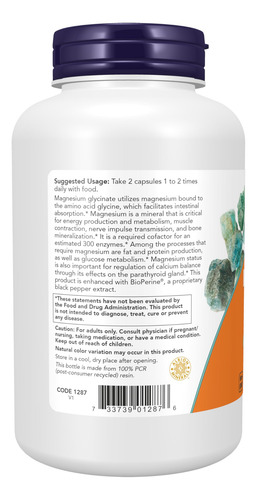 Supplements Now Foods, Glicinato De Magnesio, 180 Cápsulas V